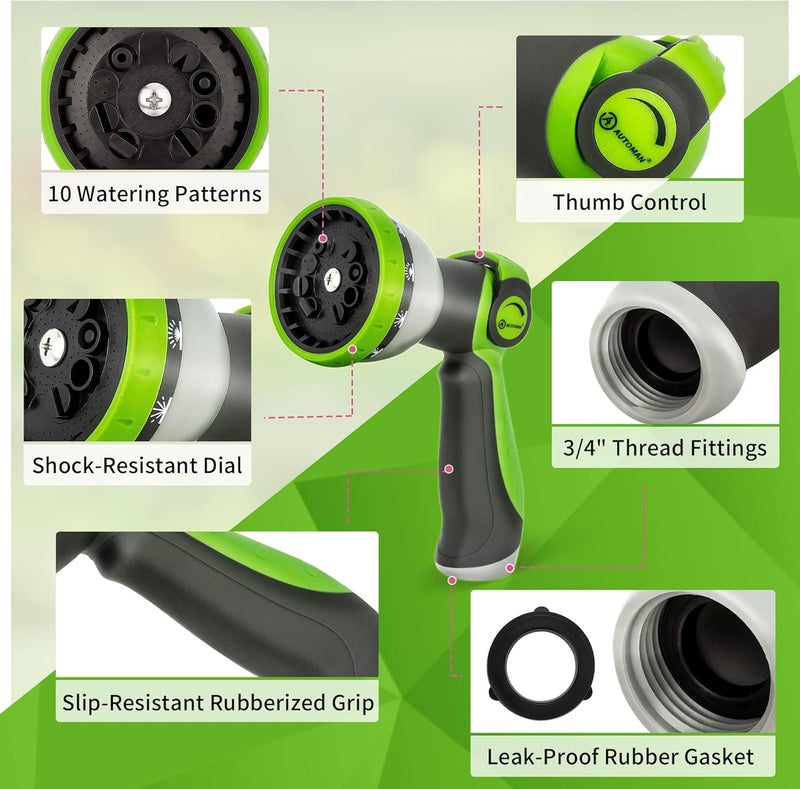 AUTOMAN Garden Hose Nozzle Sprayer - 10 Spray Patterns, Thumb Control On Off Valve, Durable Water Nozzle, Extra 4 Washers, for Watering Garden, Cleaning, Washing Car, Showering Pets Lawngreen - Image 3